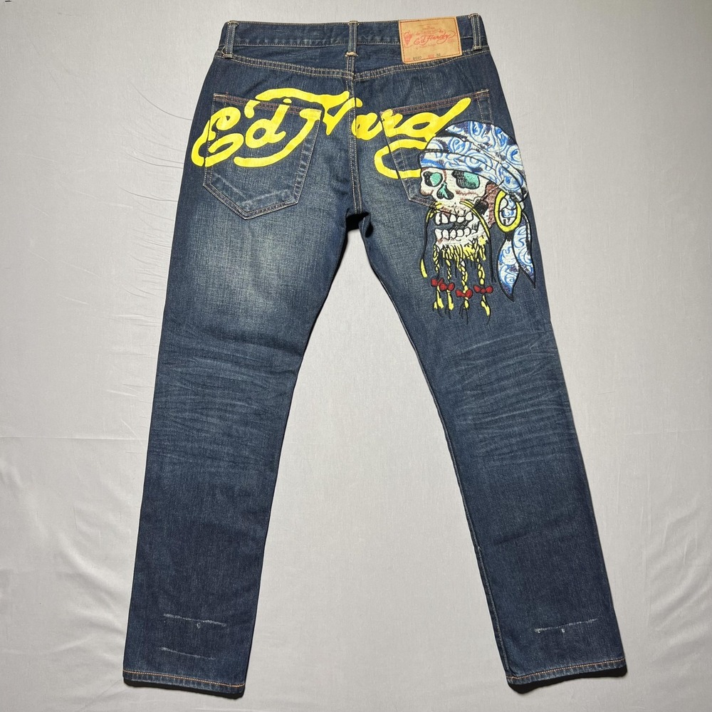 Ed Hardy‎ Jeans Mens 33x31 Blue Embroidered Pirate Skull Graphic Y2K Streetwear
